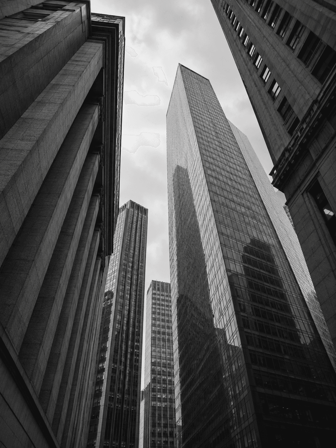 Monochrome architectural study of soaring Manhattan-style towers